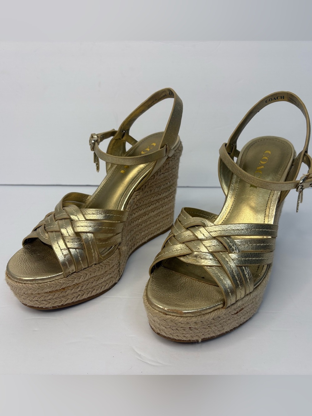 Coach Gold Woven Leather Espadrille Wedge Sandals